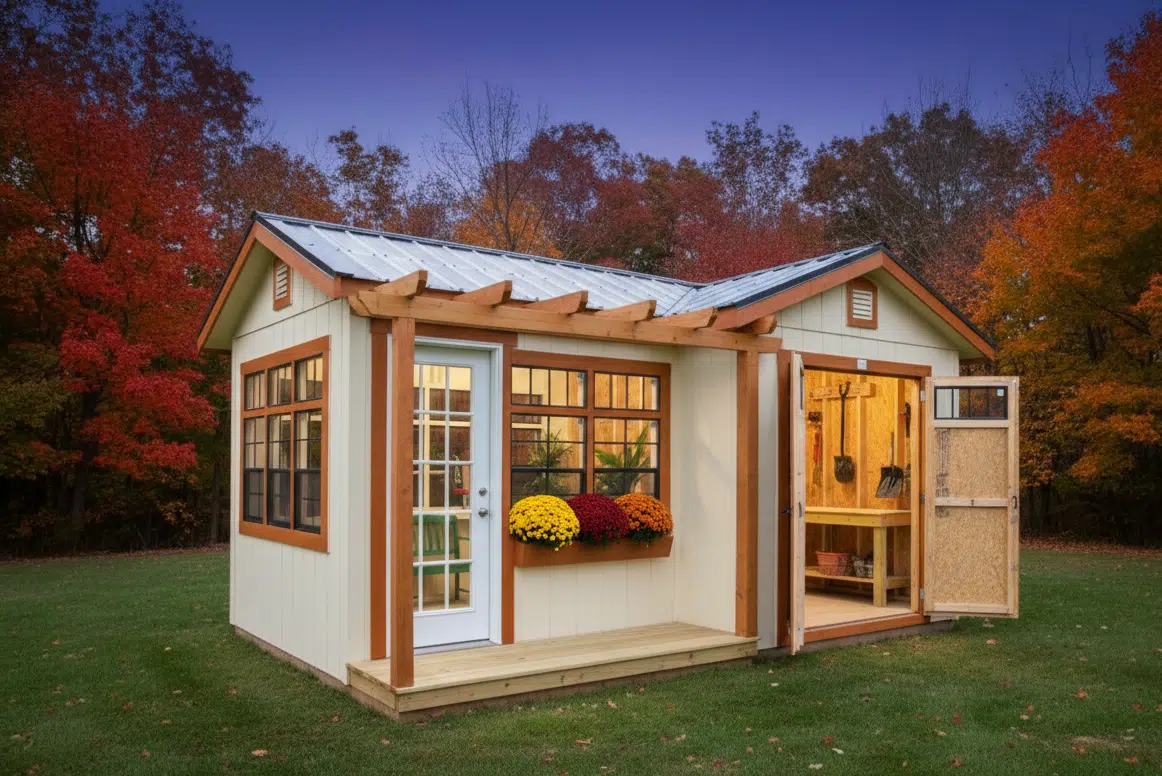 Garden shed with a glass door and a row of windows, lit from inside at dusk