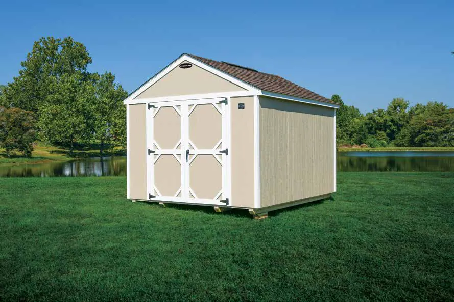 Tool shed with double doors set on a grass lot