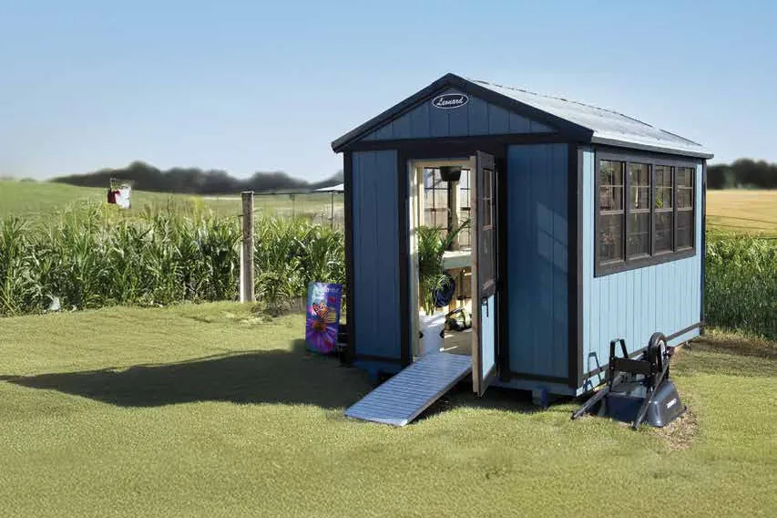Greenhouse with the door open and a ramp, ready to walk inside