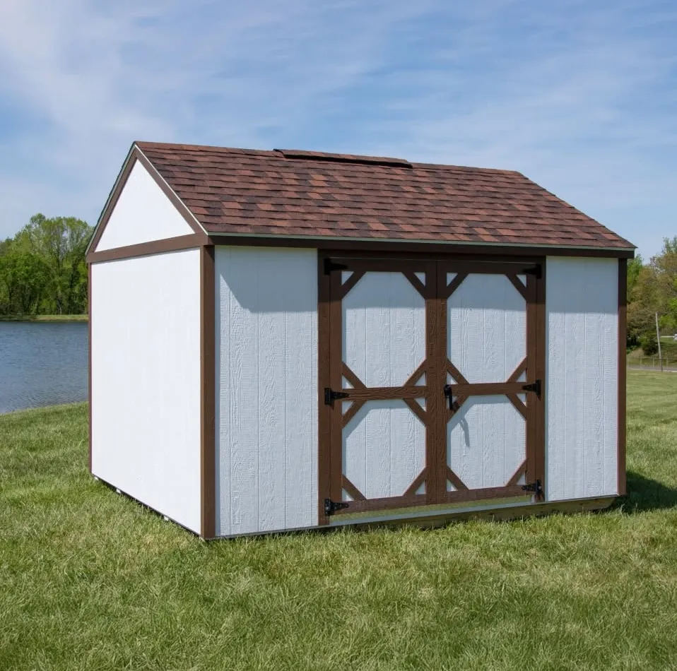 Garden shed with double doors and round accent windows