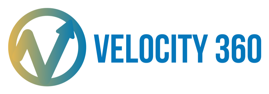 Velocity 360 logo, a circled V with an upward arrow beside the company name